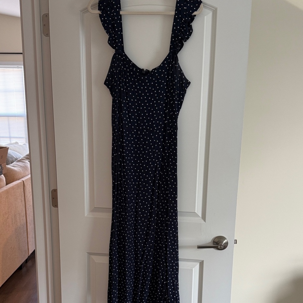 LOFT Ruffle Sleeve Navy Dress with White Dots